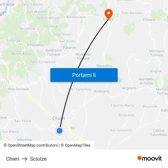 Chieri to Sciolze map