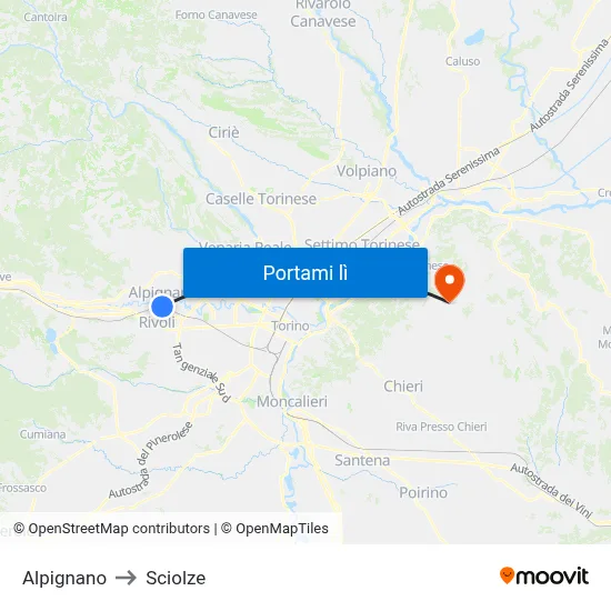 Alpignano to Sciolze map