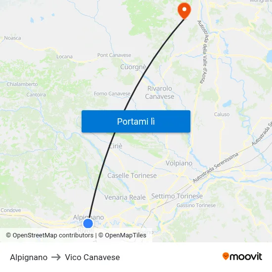 Alpignano to Vico Canavese map