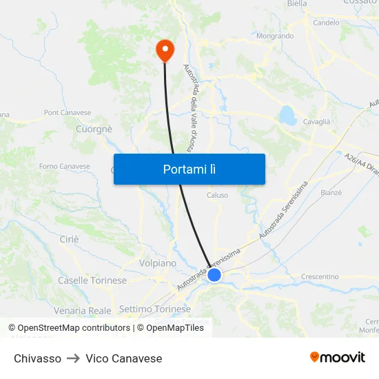 Chivasso to Vico Canavese map