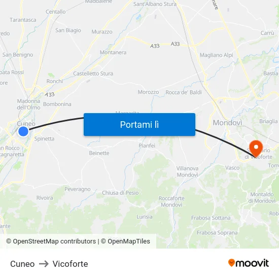 Cuneo to Vicoforte map