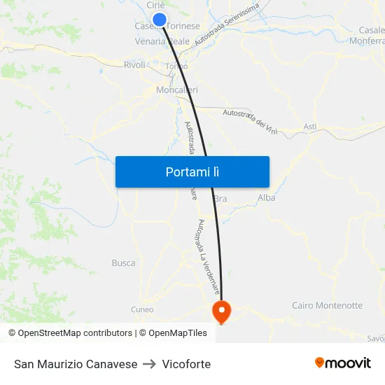 San Maurizio Canavese to Vicoforte map