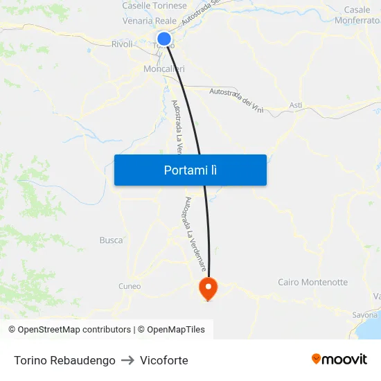Torino Rebaudengo to Vicoforte map