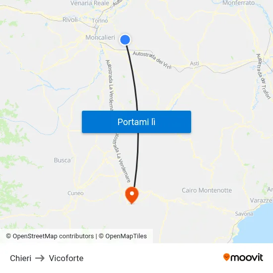 Chieri to Vicoforte map