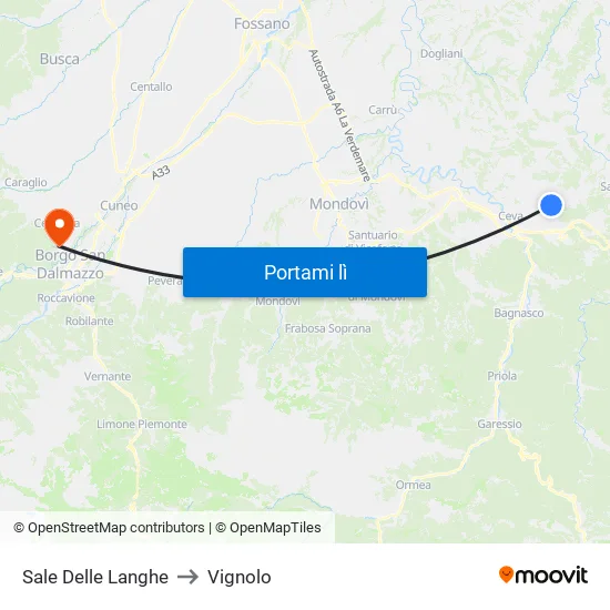 Sale Delle Langhe to Vignolo map