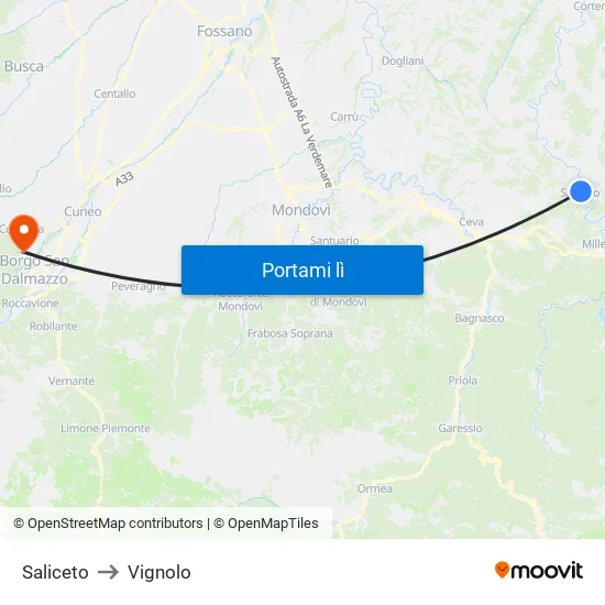 Saliceto to Vignolo map