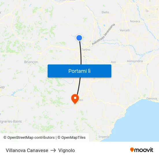 Villanova Canavese to Vignolo map
