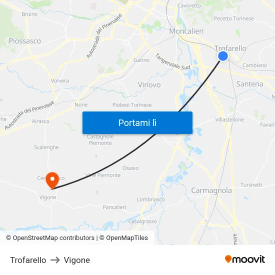 Trofarello to Vigone map