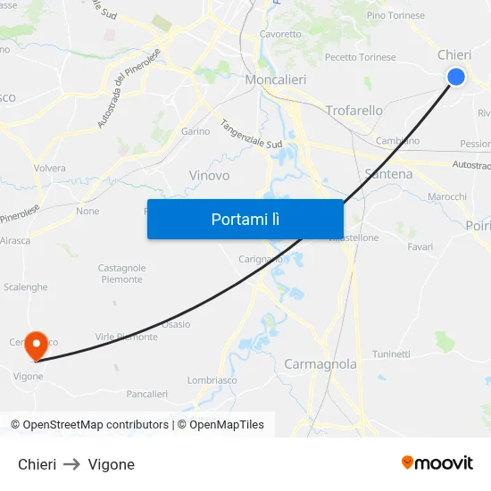 Chieri to Vigone map