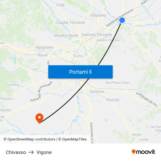 Chivasso to Vigone map
