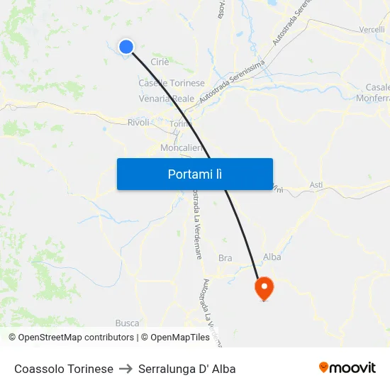 Coassolo Torinese to Serralunga D' Alba map