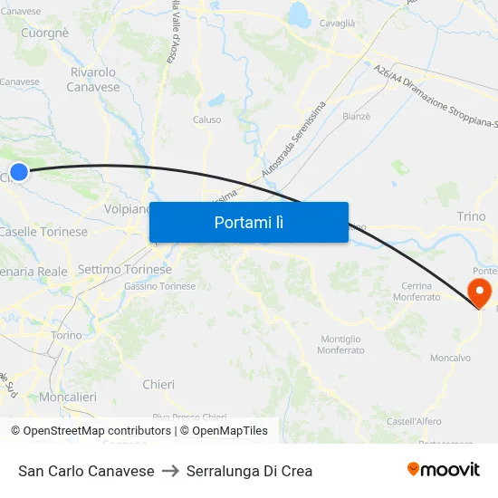 San Carlo Canavese to Serralunga Di Crea map