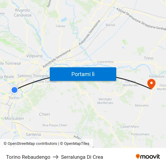 Torino Rebaudengo to Serralunga Di Crea map