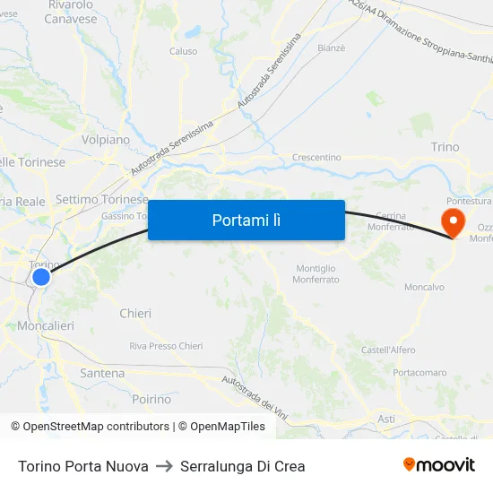 Torino Porta Nuova to Serralunga Di Crea map