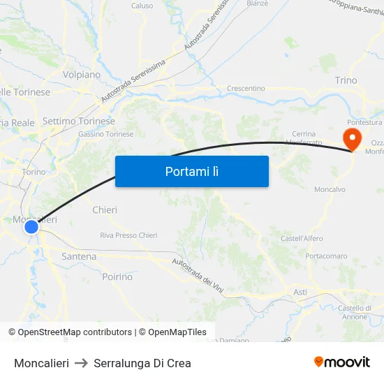 Moncalieri to Serralunga Di Crea map