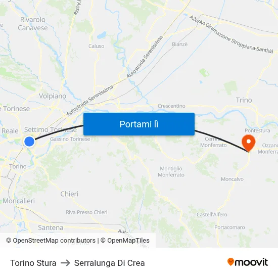 Torino Stura to Serralunga Di Crea map
