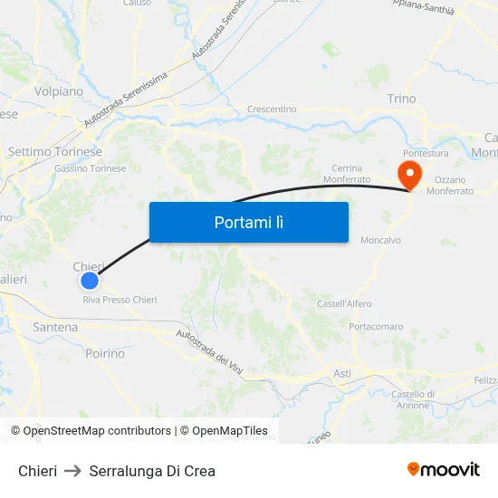 Chieri to Serralunga Di Crea map