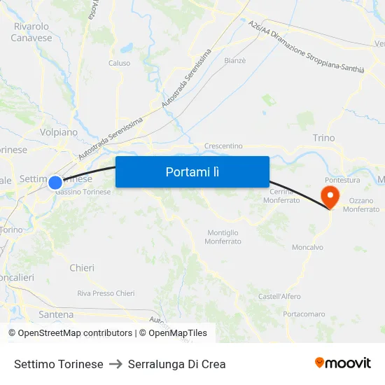 Settimo Torinese to Serralunga Di Crea map