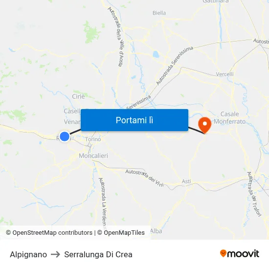 Alpignano to Serralunga Di Crea map