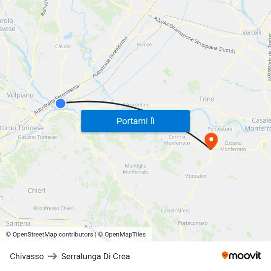 Chivasso to Serralunga Di Crea map