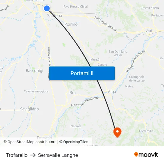 Trofarello to Serravalle Langhe map