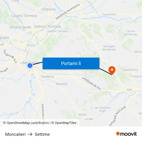 Moncalieri to Settime map