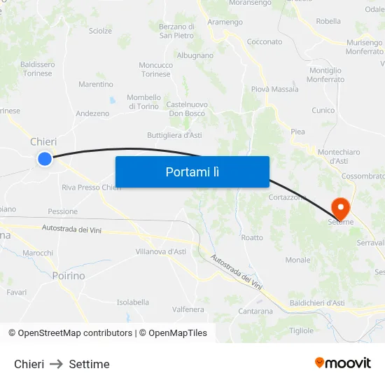 Chieri to Settime map