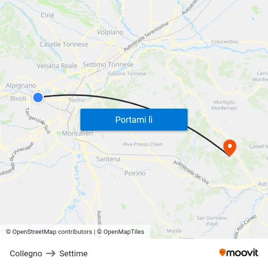 Collegno to Settime map