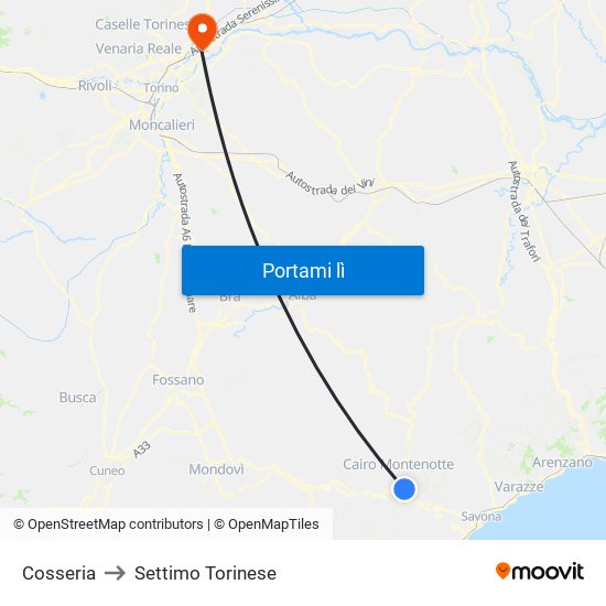 Cosseria to Settimo Torinese map