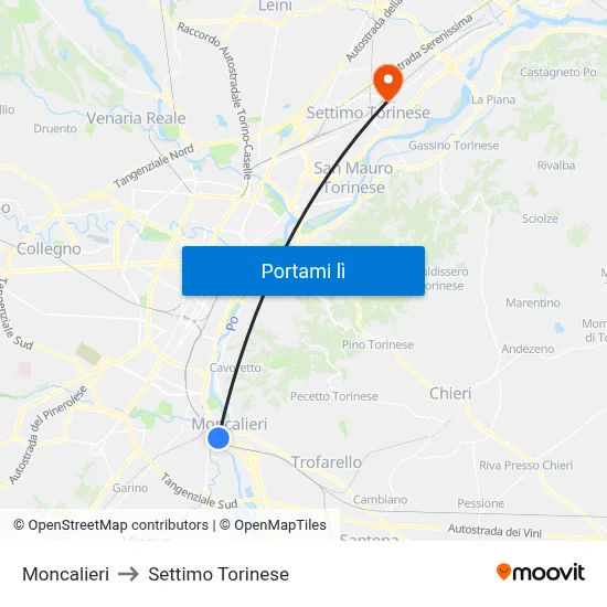 Moncalieri to Settimo Torinese map