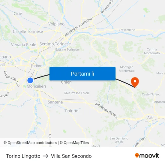 Torino Lingotto to Villa San Secondo map