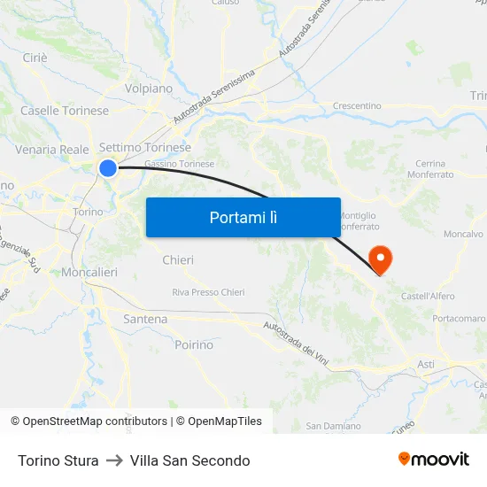 Torino Stura to Villa San Secondo map
