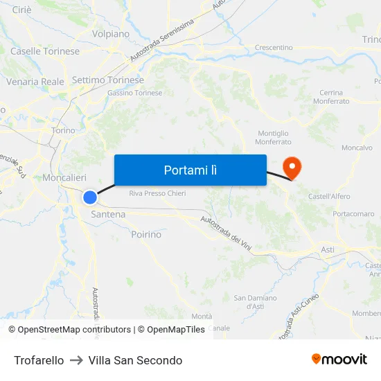 Trofarello to Villa San Secondo map
