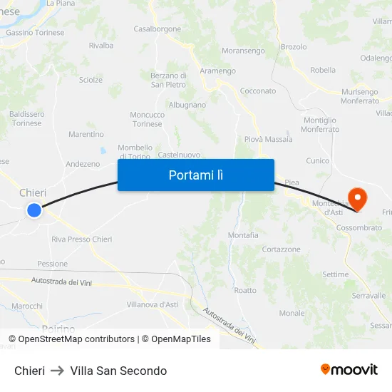 Chieri to Villa San Secondo map