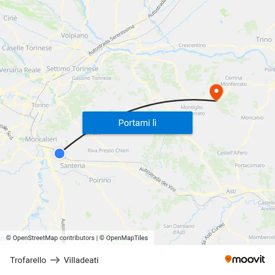 Trofarello to Villadeati map