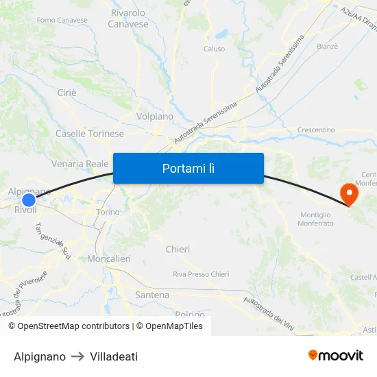 Alpignano to Villadeati map