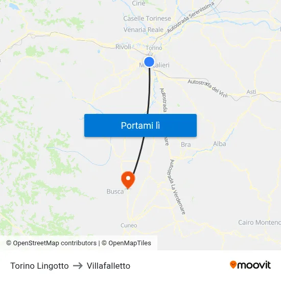 Torino Lingotto to Villafalletto map