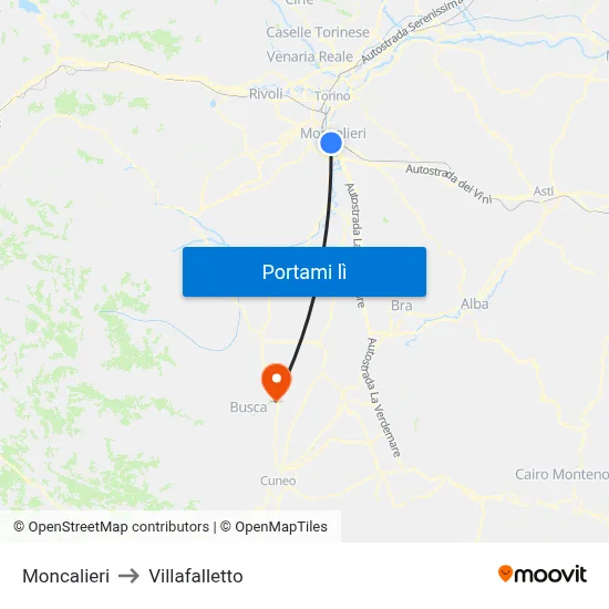 Moncalieri to Villafalletto map