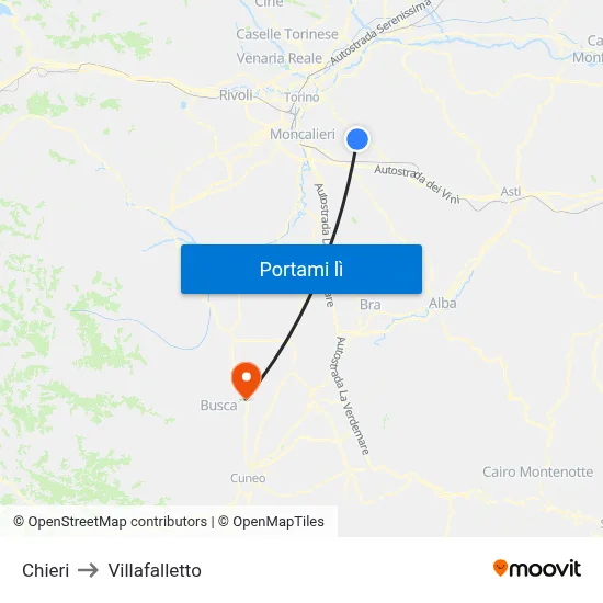 Chieri to Villafalletto map