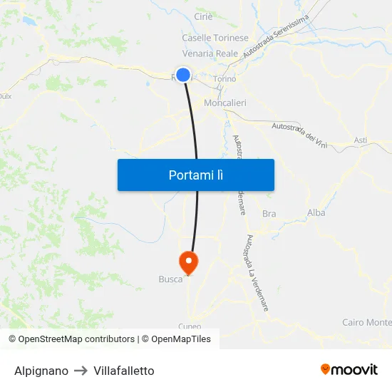 Alpignano to Villafalletto map