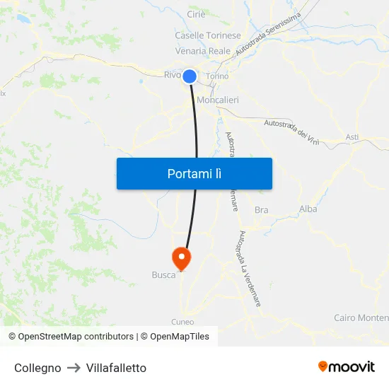 Collegno to Villafalletto map