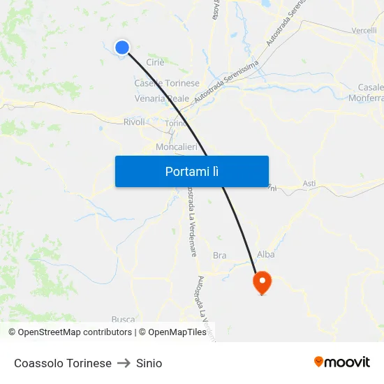 Coassolo Torinese to Sinio map