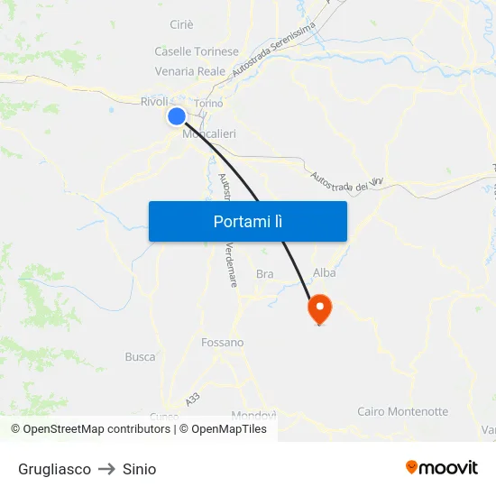 Grugliasco to Sinio map