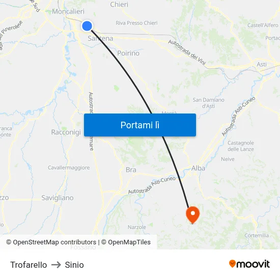 Trofarello to Sinio map