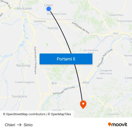 Chieri to Sinio map