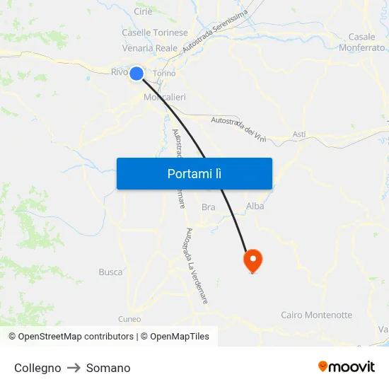 Collegno to Somano map