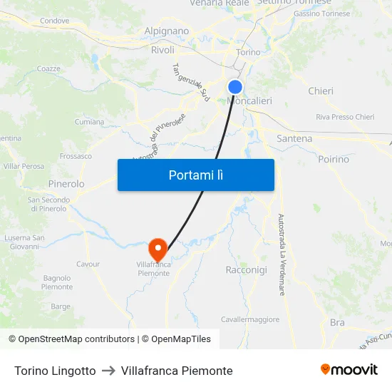Torino Lingotto to Villafranca Piemonte map