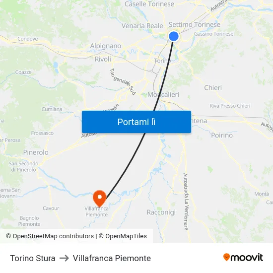 Torino Stura to Villafranca Piemonte map