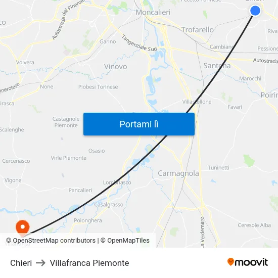 Chieri to Villafranca Piemonte map