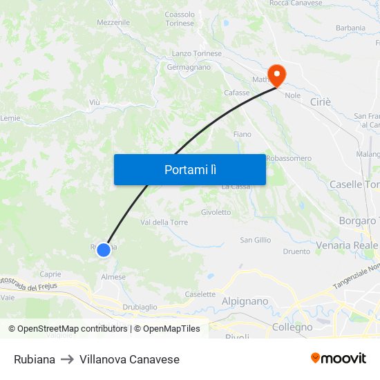 Rubiana to Villanova Canavese map